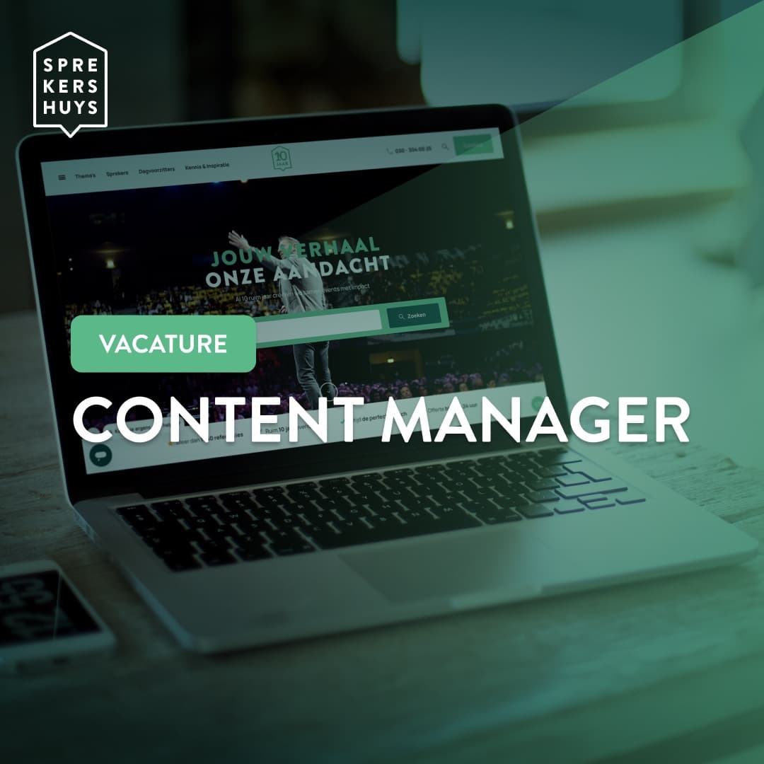 Laptop met website Sprekershuys + tekst Vacature Content Manager