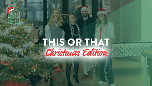 een man en drie vrouwen glimlachend in kerst accesoires met de tekst 'this or that christmas edition'