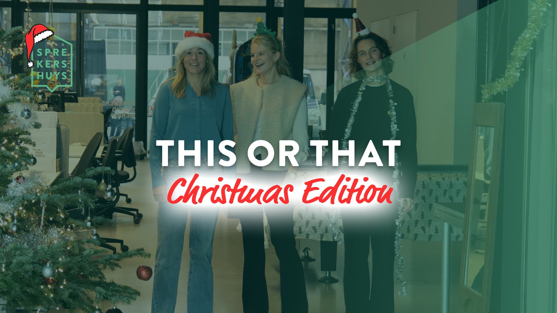 Kim Lammers, Suzanne Munter en Vivanne Goudkuil poserend met tekst 'This or that chritsmas edition'