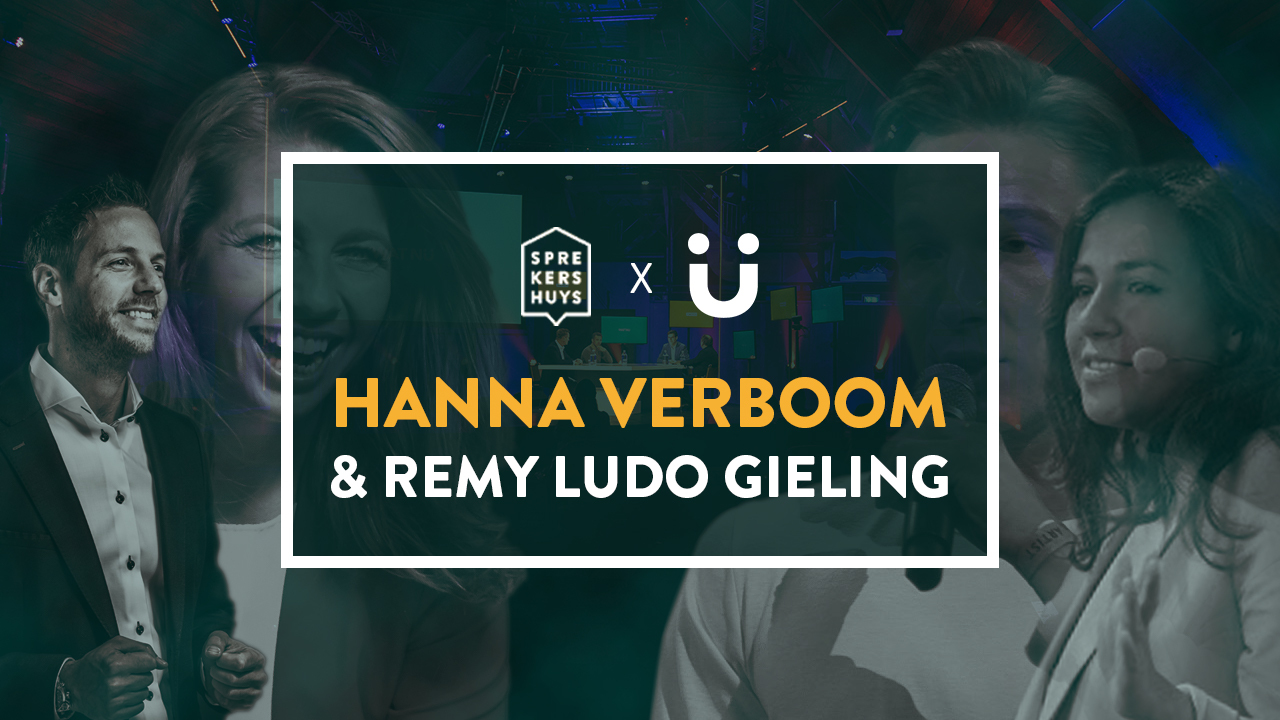 Een vierkant met logo's, tekst een meerdere sprekers